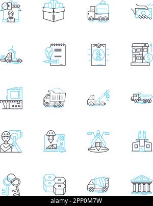 Set di icone lineari per imprese edili. Ristrutturazione, scavo, fondazione, demolizione, Falegnameria, Impianti idraulici, linee elettriche vettoriali e segnaletica concettuale Illustrazione Vettoriale