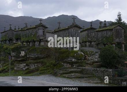 I granai di Soajo o Espigueiros de Soajo in Portogallo sono chiamati anche canastro, canico o horreo. La funzione è quella di asciugare il granoturco denso Foto Stock