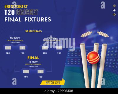 T20 Calendario finale del Cricket con la sfera rossa realistica che colpisce il ceppo di Wicket sullo sfondo blu dello stadio. Illustrazione Vettoriale