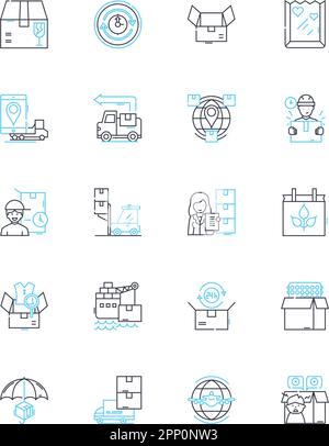 Set di icone lineari per soluzioni di spedizione. Logistica, vettore, trasporto, trasporto, magazzino, Consegna, vettore di linea doganale e segnali concettuali. Carico, pacchetto Illustrazione Vettoriale