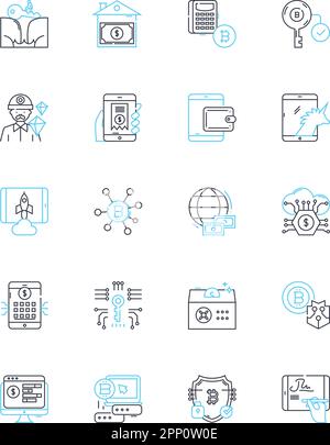 Strategie di investimento icone lineari set. Diversificazione, rischio, portafoglio, allocazione, rendimento, Volatilità, vettore di linea di attività e segnali di concetto Illustrazione Vettoriale
