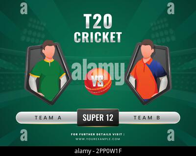 Super 12 T20 Cricket Match tra la squadra A VS B (Sud Africa vs Paesi Bassi) con i giocatori di Cricketer senza volto sul Green Stadium Visualizza sfondo. Illustrazione Vettoriale