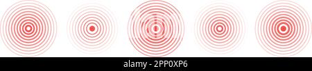 Cerchio rosso terremoto icona set. Grafico a vibrazione circolare o radar di allarme rosso. Illustrazione con isolamento vettoriale Illustrazione Vettoriale