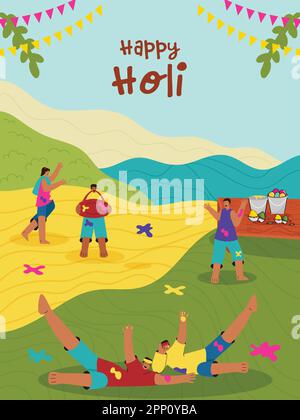 Ritratto degli indiani che celebrano o giocano con i colori contro lo sfondo colorato per il festival Holi. Illustrazione Vettoriale