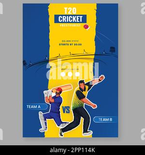 T20 Flyer di corrispondenza cricket Design con battitore senza volto in stile adesivo, giocatore Bowler della squadra partecipante A VS B su Chrome Yellow e Blue Stadium Backg Illustrazione Vettoriale