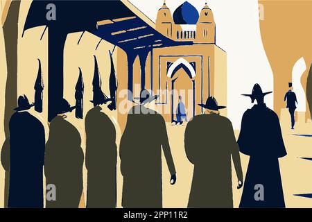 Via Tel Aviv con una silhouette di un ebreo ortodosso in abiti tradizionali. Immagine vettoriale astratta. Illustrazione Vettoriale