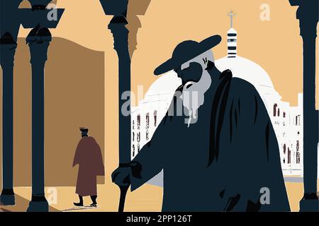 Via Tel Aviv con una silhouette di un ebreo ortodosso in abiti tradizionali. Immagine vettoriale astratta. Illustrazione Vettoriale