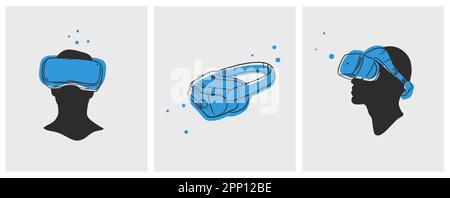 Linea grafica astratta disegnata a mano con grafica vettoriale raccolta di arte con tecnologia di realtà virtuale ideata cuffia e silhouette umana. Umano nella realtà virtuale Illustrazione Vettoriale