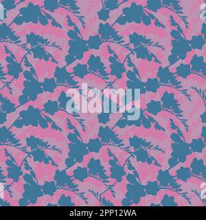 silhouette rosa di fiori di freesia, bel bouquet ramificato su sfondo viola blu, senza cuciture motivo tropico di illustrazione acquerello. Disegno f Foto Stock