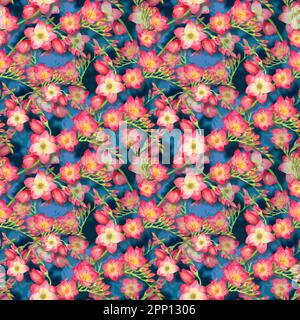 fiori rossi freesia, bel bouquet ramo su uno sfondo blu, senza cuciture motivo tropico acquerello illustrazione. Foto Stock