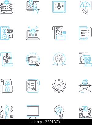 Set di icone lineari per la pianificazione industriale. Previsione, strategia, analisi, produzione, ottimizzazione, Sviluppo, vettore di linea di innovazione e segnali concettuali Illustrazione Vettoriale