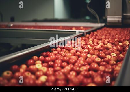 Mele in un impianto di lavorazione degli alimenti, pulite e fresche, pronte per l'imballaggio automatico. Concetto per un'azienda alimentare sana con produzione automatizzata di Foto Stock