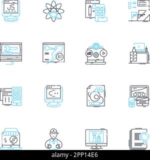 Tecniche di codifica set di icone lineari. Algoritmi, sintassi, debug, ottimizzazione, pseudocodice, Refactoring, vettore di linea di astrazione e segnali concettuali Illustrazione Vettoriale