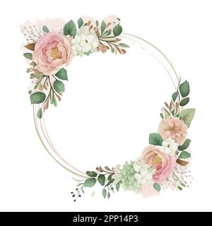 Corona di fiori, foglie e rami in stile acquerello vintage. Vettore Illustrazione Vettoriale