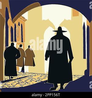 Via Tel Aviv con una silhouette di un ebreo ortodosso in abiti tradizionali. Immagine vettoriale astratta. Illustrazione Vettoriale