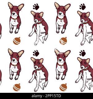 Modello senza cuciture sul tema degli animali domestici. Cucciolo basenji marrone e bianco, giocattoli per cani, palle marroni, simpatiche impronte disegnate in vettore su una tavoletta. Per la stampa Illustrazione Vettoriale