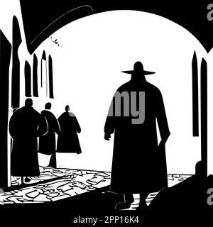 Via Tel Aviv con una silhouette di un ebreo ortodosso in abiti tradizionali. Immagine vettoriale astratta. Illustrazione Vettoriale