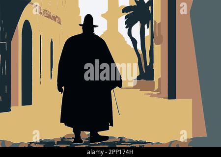 Via Tel Aviv con una silhouette di un ebreo ortodosso in abiti tradizionali. Immagine vettoriale astratta. Illustrazione Vettoriale