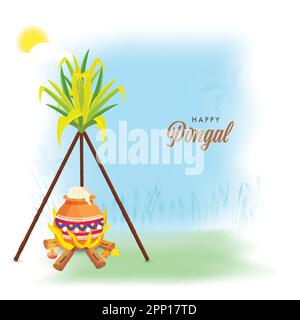 Happy Pongal Celebration Greeting Card con riso cucinato in fango Pot su Legna da ardere, Lit Oil Lamp (Diya) e canna da zucchero su sfondo sfumato. Illustrazione Vettoriale