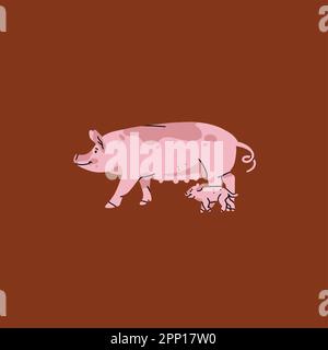 Collezione di illustrazioni vettoriali astratte disegnate a mano con adorabile rosa carino, stilizzato maialino character.Trendy design moderno concept.Vector cartone animato Illustrazione Vettoriale