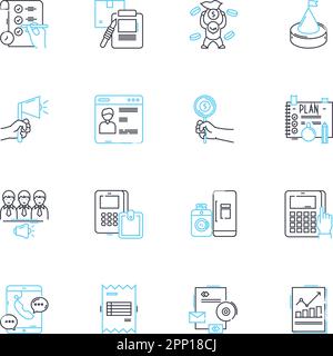 Icone lineari di controllo spese impostate. Budget, monitoraggio, analisi, riduzione dei costi, efficienza, Ottimizzazione, pianificazione vettore di linea e segnali concettuali Illustrazione Vettoriale