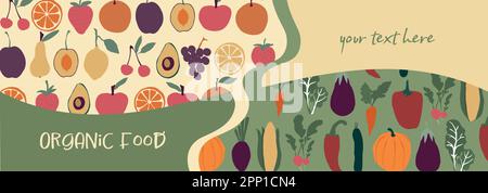 Modello banner per verdure e frutta fresche e biologiche. Fattoria che produce cibo biologico. Negozio di mercato o ristorante che utilizza cibo sano naturale Illustrazione Vettoriale