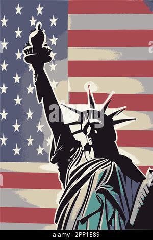 Statua della libertà sullo sfondo della bandiera degli Stati Uniti. Illustrazione astratta del vettore. Illustrazione Vettoriale