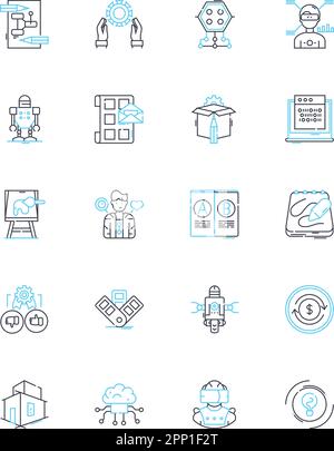 Set di icone lineari per macchine indipendenti. Autonomia, autosufficiente, senza supervisione, indipendente, automatizzato, Vettore di linea meccanizzato e autonomo e. Illustrazione Vettoriale