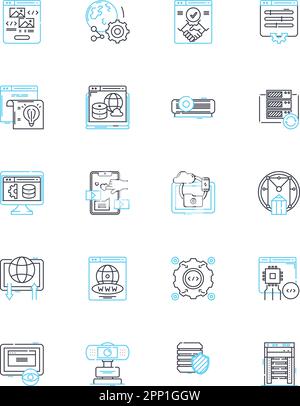 Set di icone lineari per la tecnologia online. Internet, Sito Web, browser, codifica, social network, Nerk, vettore di linea di gioco e segnali di concetto. Sicurezza informatica, e-commerce Illustrazione Vettoriale