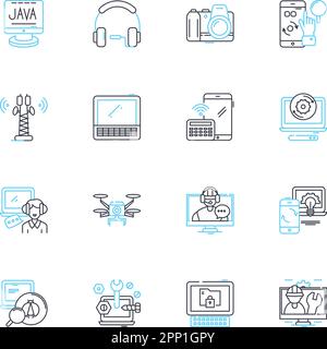 Icone lineari per la sicurezza informatica. Crittografia, malware, firewall, hacker, phishing, Vulnerabilità, vettore della linea di autenticazione e segnali concettuali. Dati Illustrazione Vettoriale