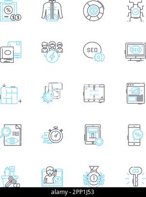 Set di icone lineari per la percezione del marchio. Trusrthy, autenticità, reputazione, riconoscimento, fedeltà, Percezione, vettore di linea di identità e segnali concettuali Illustrazione Vettoriale