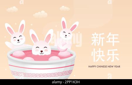 Scritta Mandarina di felice anno nuovo cinese con Bunnies Cartoon godendo piatto Tangyuan su sfondo Peachpuff. Illustrazione Vettoriale