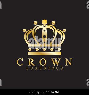 Icone della corona d'oro. Queen king Golden corone di lusso logo Vector su sfondo nero Illustrazione Vettoriale