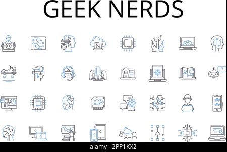 Collezione di icone di linea geek nerds. Brainiacs, Savants, technophiles, intellects, cognoscenti, Brainy mazzo, Know-it-alls vettore e illustrazione lineare Illustrazione Vettoriale