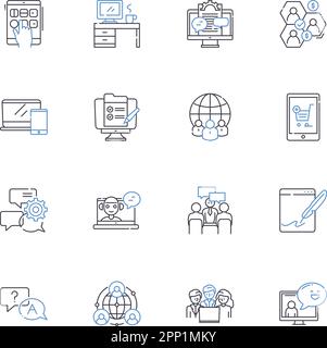 Cyber fiere linea icone collezione. Virtuale, interattivo, online, multilingue, digitale, Multimedia, Global Vector e illustrazione lineare. Scalabile Illustrazione Vettoriale