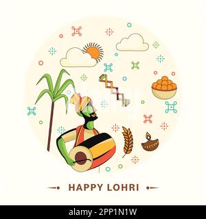 Happy Lohri Celebration Greeting Card con Cartoon Punjabi Man Playing Dhol (tamburo) e elementi del Festival decorati sfondo. Illustrazione Vettoriale