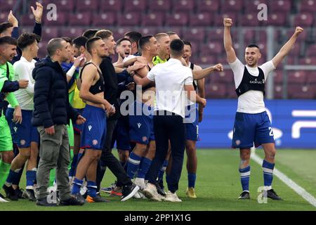 Ginevra, Svizzera. 21st Apr, 2023. GINEVRA, SVIZZERA - 21 APRILE: Il giocatore Hajduk Split festeggia dopo la partita di semifinale della UEFA Youth League 2022/23 tra HNK Hajduk Split e l'AC Milan allo Stade de Geneve del 21 aprile 2023 a Ginevra, Svizzera. Foto: Luka Stanzl/PIXSELL Credit: Pixsell/Alamy Live News Foto Stock