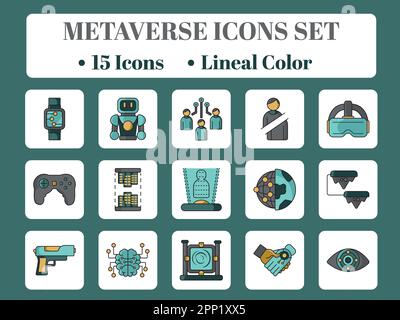 Stile piatto metaverse 15 icona set su sfondo bianco e Teal Square. Illustrazione Vettoriale