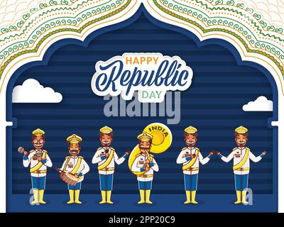 Sticker stile Happy Republic Day Font con soldati indiani Parata di vari strumenti musicali su sfondo blu e beige forma arco. Illustrazione Vettoriale