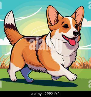 Cane Corgi realistico che corre sull'erba - illustrazione del vettore Illustrazione Vettoriale