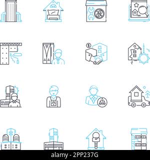 Set di icone lineari per alloggiamenti. Casa, Shelter, Residence, abitazione, Alloggio, Habitat, vettore di linea di Abode e segnali concettuali. Proprietà, alloggio, appartamento Illustrazione Vettoriale