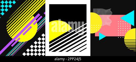 80's posters set. Collection of abstract illustrations in retro style. Vintage graphic designs for flyers, printing projects. Vector artworks Illustrazione Vettoriale