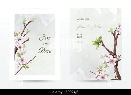 Watercolor ciliegia fiori fioritura invito modello di schede set. Collezione verde acquerello fiori vettore è adatto per matrimoni inviti, sav Illustrazione Vettoriale