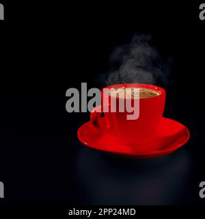 Tazza di caffè nero caldo con vapore su sfondo nero. Tasto basso. Spazio di copia. Tempo di pausa caffè Foto Stock