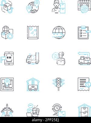 Set di icone lineari per soluzioni di spedizione. Logistica, trasporto, consegna, trasporto, carico, Esporta, Importa vettore di linea e segnali concettuali. Distribuzione Illustrazione Vettoriale