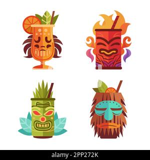 Il Tiki Bar propone cocktail esotici in tazza con maschera Tiki. Elementi tradizionali hawaiani. Isolato su sfondo bianco. Stile cartoon vettoriale Illustrazione Vettoriale