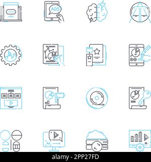 Set di icone lineari per agenzie di comunicazione. Branding, Marketing, Pubblicità, Pubblicità, Media, Strategia, vettore di linea nerking e segnali concettuali Illustrazione Vettoriale