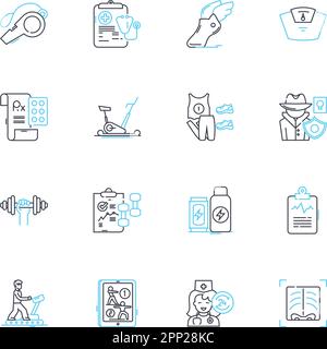 Set di icone lineari per la medicina dello sport. Trattamento, Riabilitazione, lesione, prevenzione, terapia fisica, Condizionamento, vettore di linea di prestazione e concetto Illustrazione Vettoriale