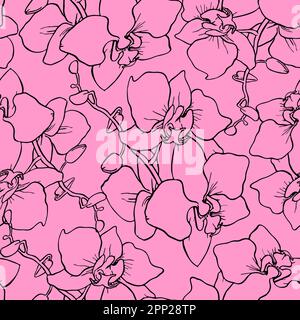 motivo senza cuciture di ampie silhouette nere di orchidee su sfondo rosa, texture, design Foto Stock