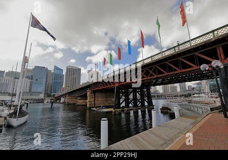 609 cyclist-pedonale Pyrmont Bridge di fronte Cockle Baym di Darling Harbour, enorme bandiera nazionale, skyline CBD. Sydney-Australia. Foto Stock